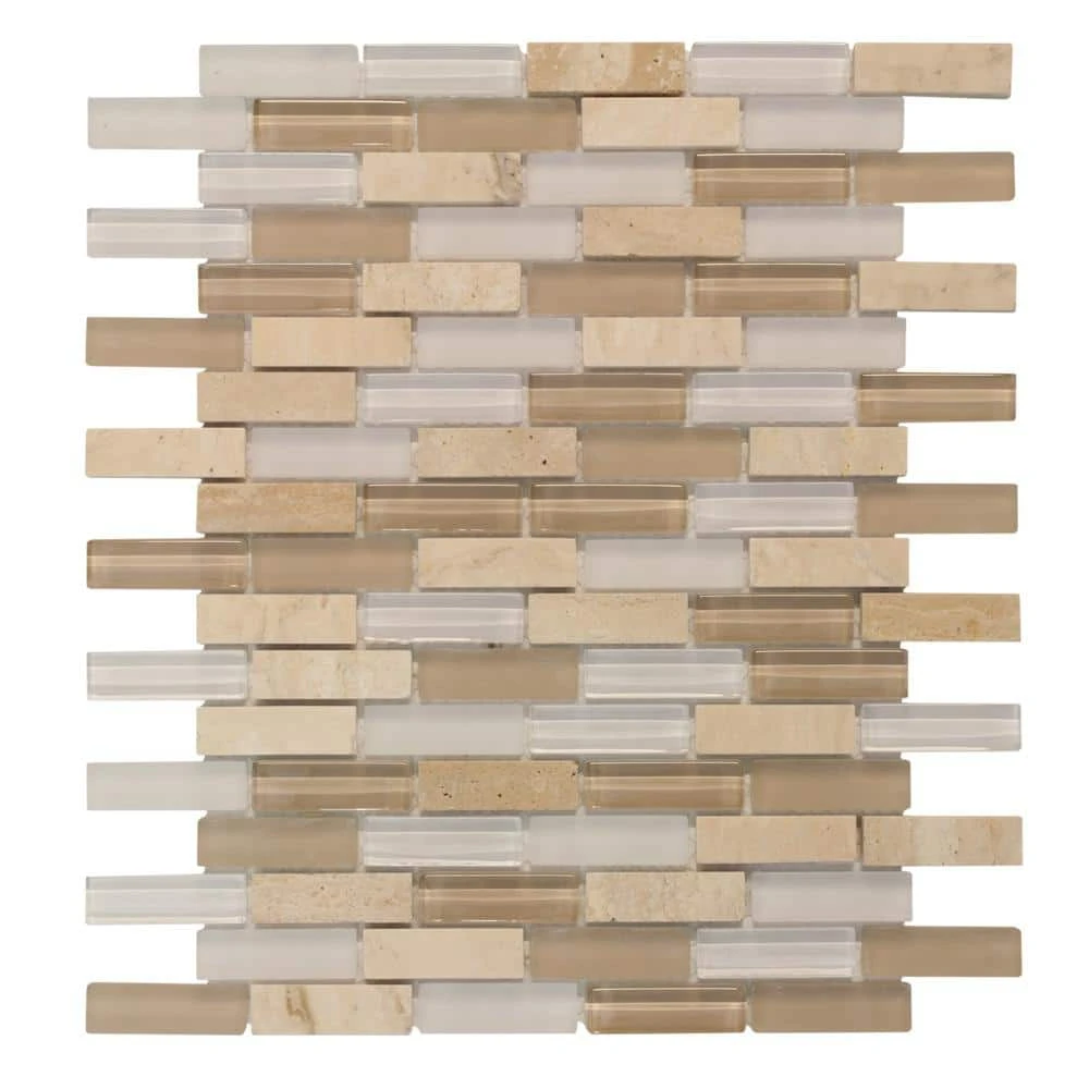Cottage Ridge Mini Brick Beige 9.75 in. x 12 in. Interlocking Glass/Travertine Mosaic Tile (8.12 sq. ft./Case) by Jeffrey Court