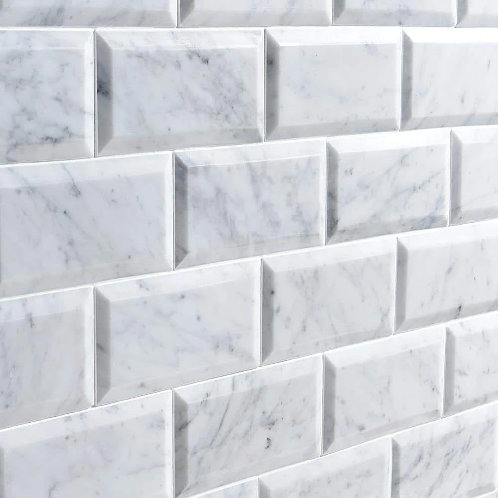 White Carrara Beveled 3 in. x 6 in. x 9mm Polished Marble Subway Tile (40 pieces / 5 sq. ft. / box) by Ivy Hill Tile - Image 3