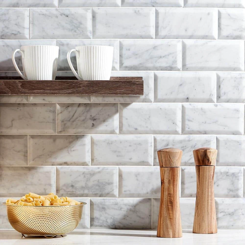 White Carrara Beveled 3 in. x 6 in. x 9mm Polished Marble Subway Tile (40 pieces / 5 sq. ft. / box) by Ivy Hill Tile - Image 5