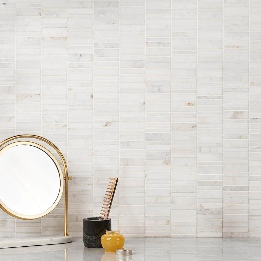 Arctic White 11.69 in. x 11.69 in. Waterfall Polished Marble Mosaic Tile (0.97 sq. ft./Sheet) by Ivy Hill Tile - Image 2