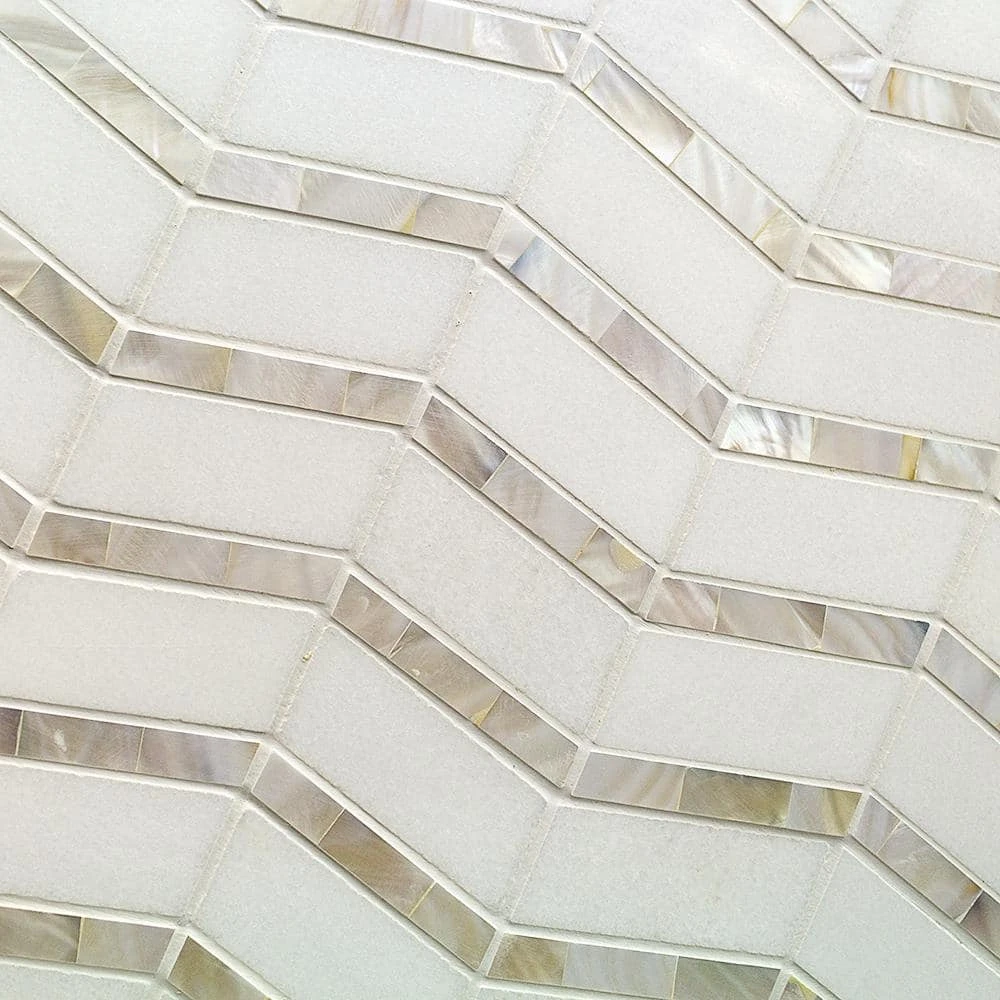 Blazon White Thassos And Mother Of Pearl Herringbone 11 3/4 in. x 11 5/8 in. Polished Glass Mosaic Tile by Ivy Hill Tile - Image 6