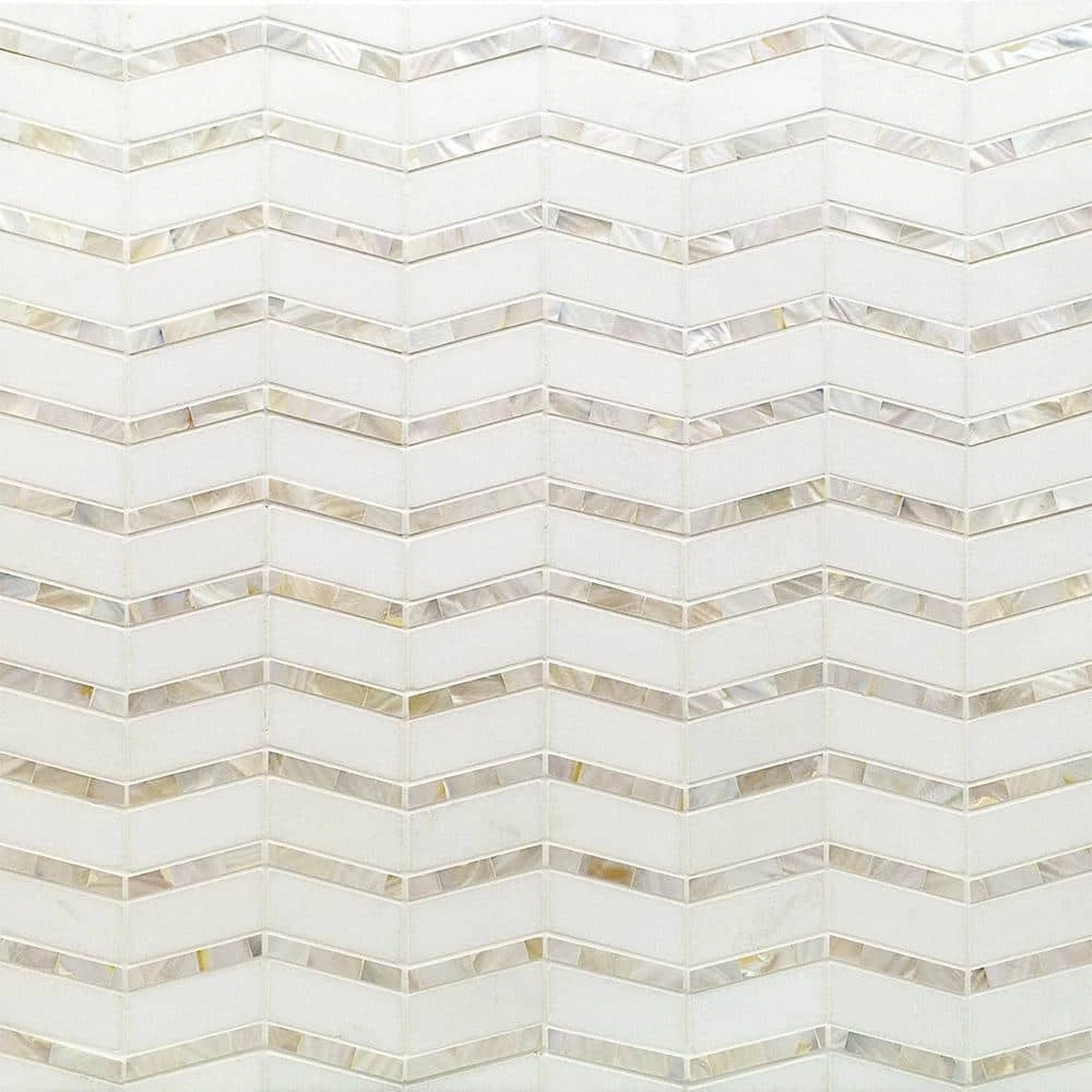 Blazon White Thassos And Mother Of Pearl Herringbone 11 3/4 in. x 11 5/8 in. Polished Glass Mosaic Tile by Ivy Hill Tile